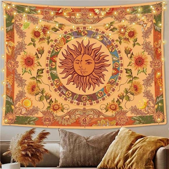 Yellow Sun and Moon Tapestry Vintage Indie Boho Tapestry Wall Hanging